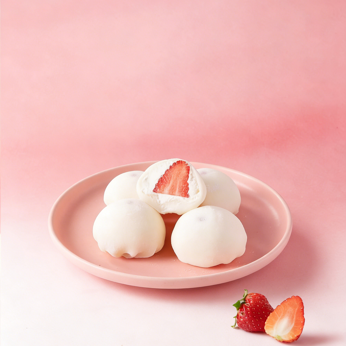Pink plate with white strawberry mochi balls and fresh strawberry slices on a pastel pink background