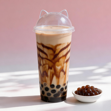 Bubble tea in a clear cup with cat-ear lid and a small bowl of tapioca pearls on a pink background