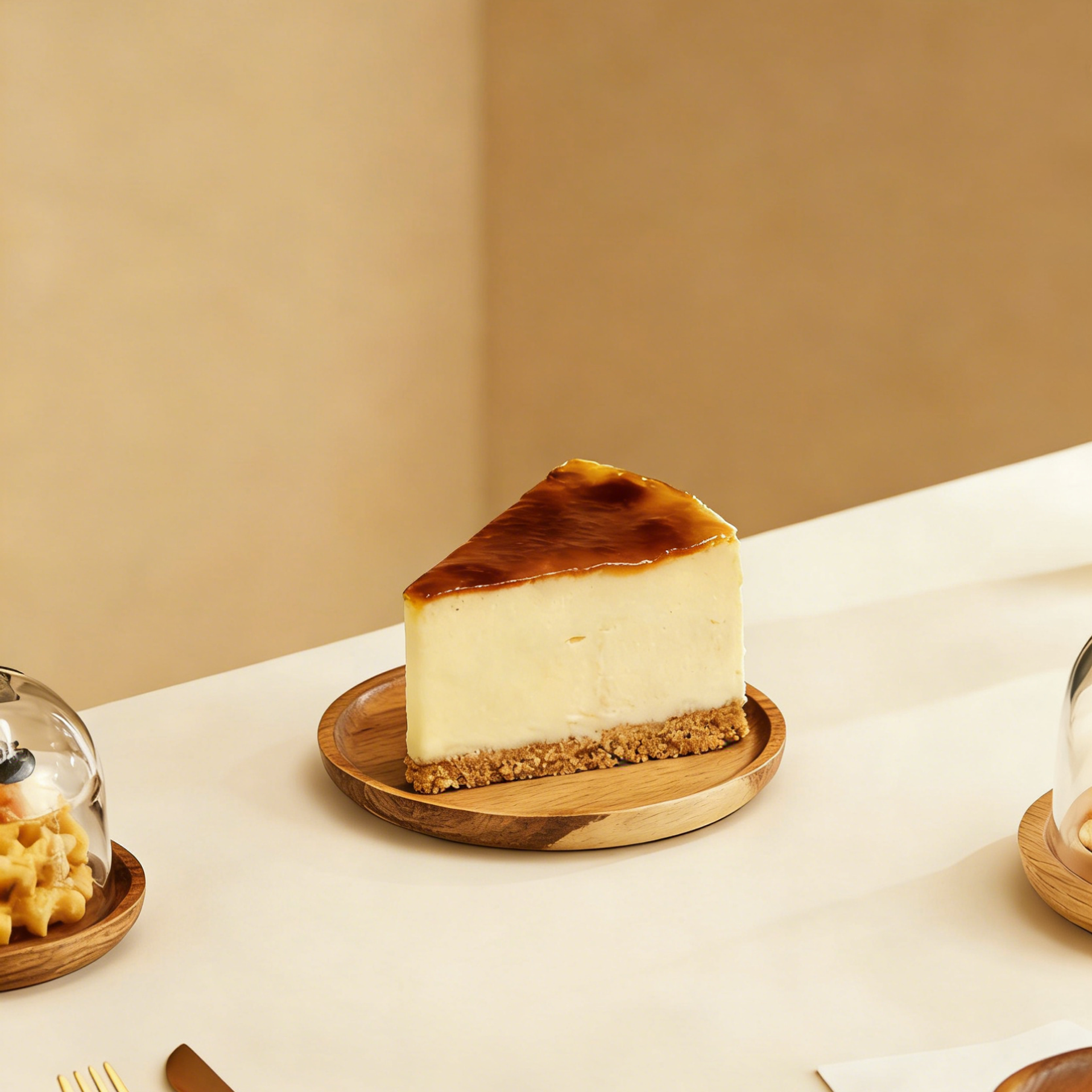 Slice of cheesecake on a wooden plate, topped with caramelized sauce, on a minimalist white table.