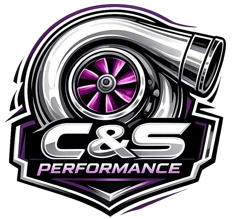 C&S Performance logo with silver turbo wheel and purple accents on a black shield