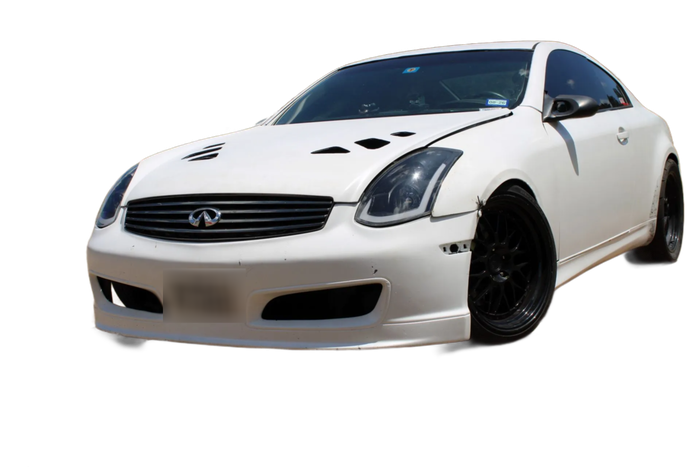 White sports coupe with black hood vents and black wheels, shown on a white background
