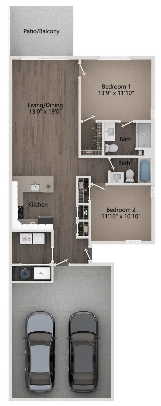 Floor plan of an apartment with two bedrooms, a kitchen, living/dining area, patio/balcony, and a two-car garage.