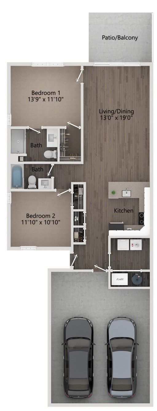 Floor plan of an apartment with two bedrooms, a living room, kitchen, and a two-car garage.