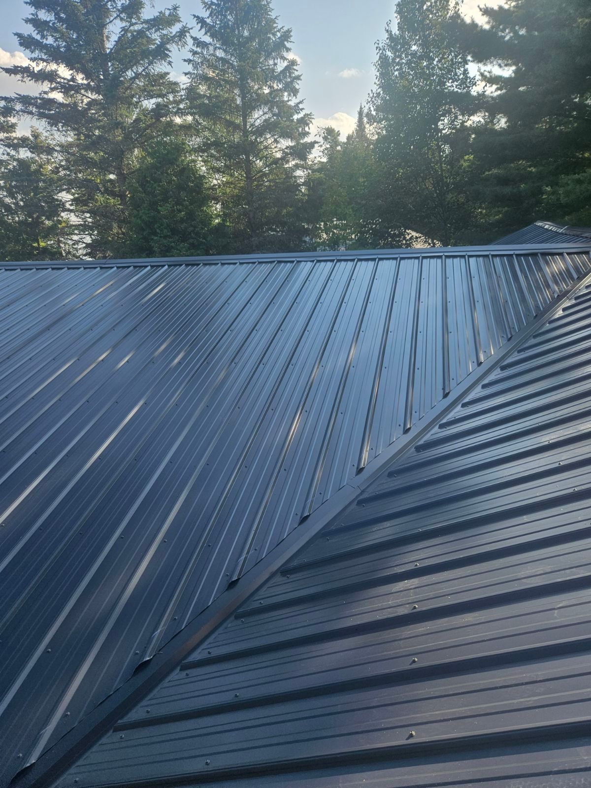 A black metal roof with trees in the background
