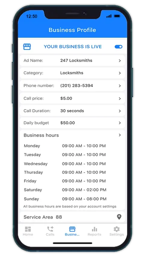 a cell phone with a business profile on it