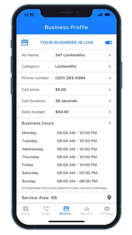 a cell phone with a business profile on it