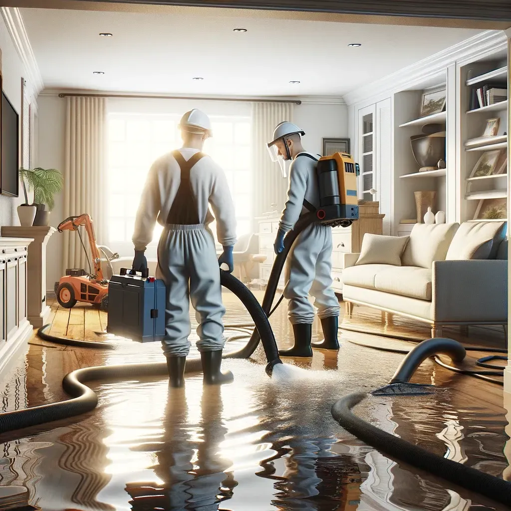Two men are standing in a flooded living room with a vacuum cleaner.
