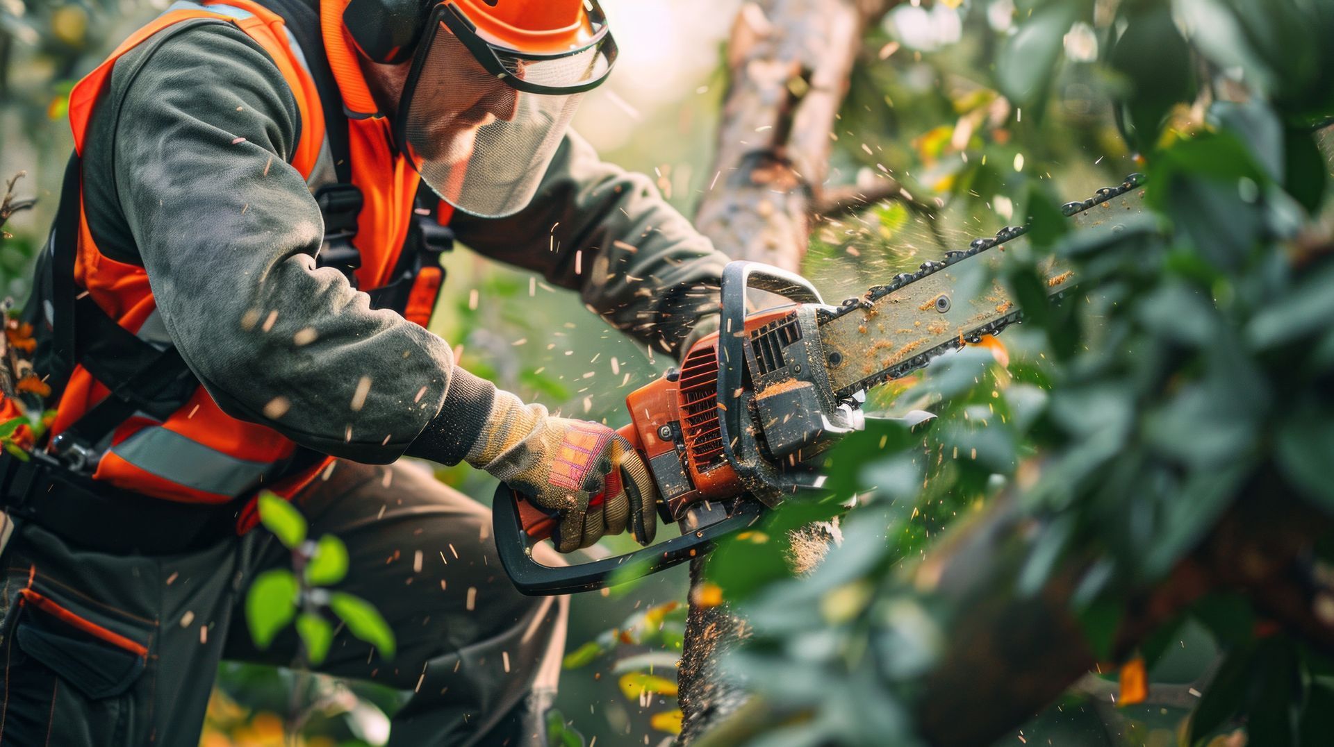 Professional in safety gear using a chainsaw for an expert tree removal service in a forest. Professional in safety gear using a chainsaw for an expert tree removal service in a forest.