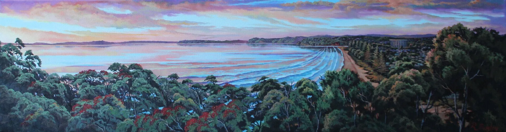 A painting of a sunset over a body of water with trees in the foreground.