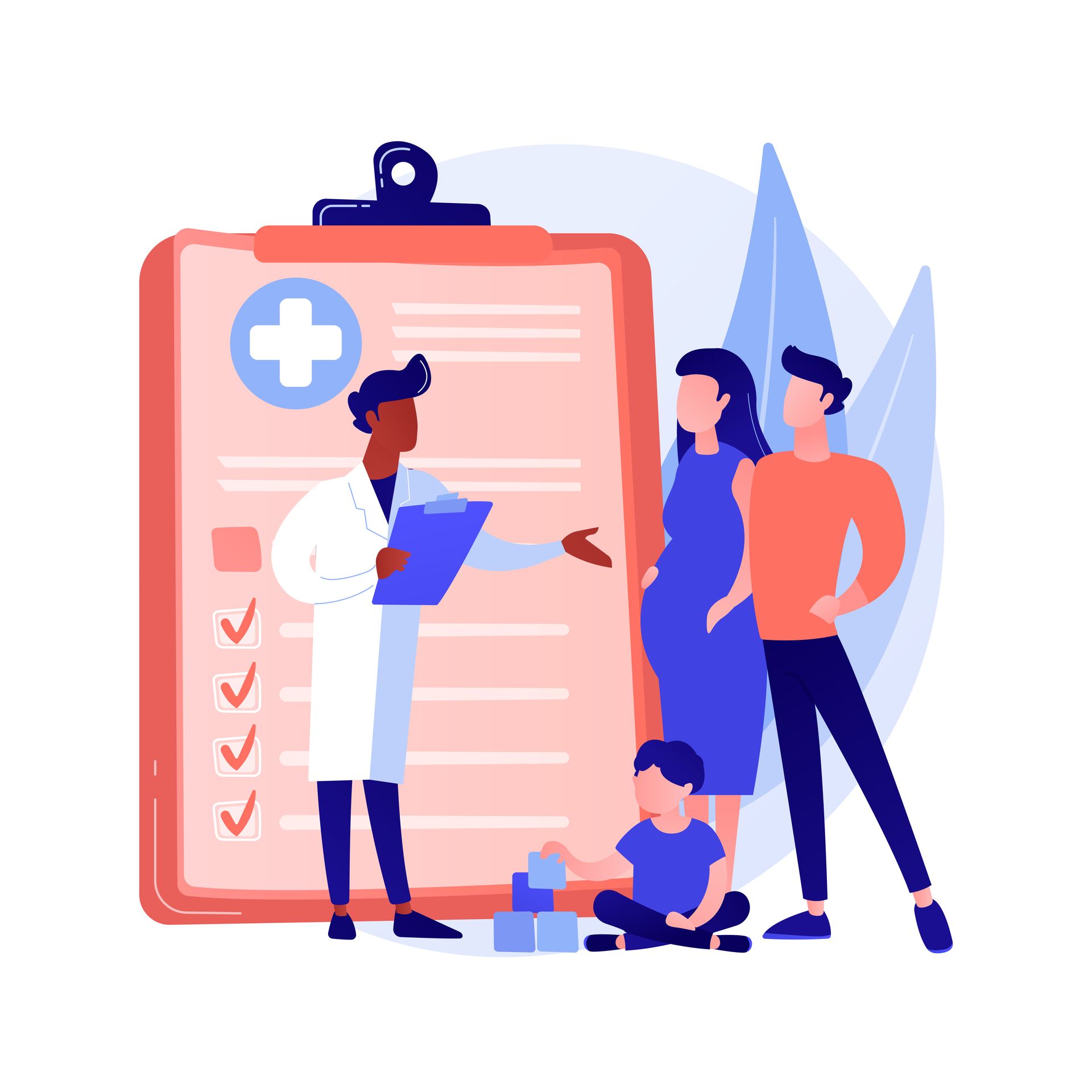 A doctor is talking to a family in front of a clipboard.