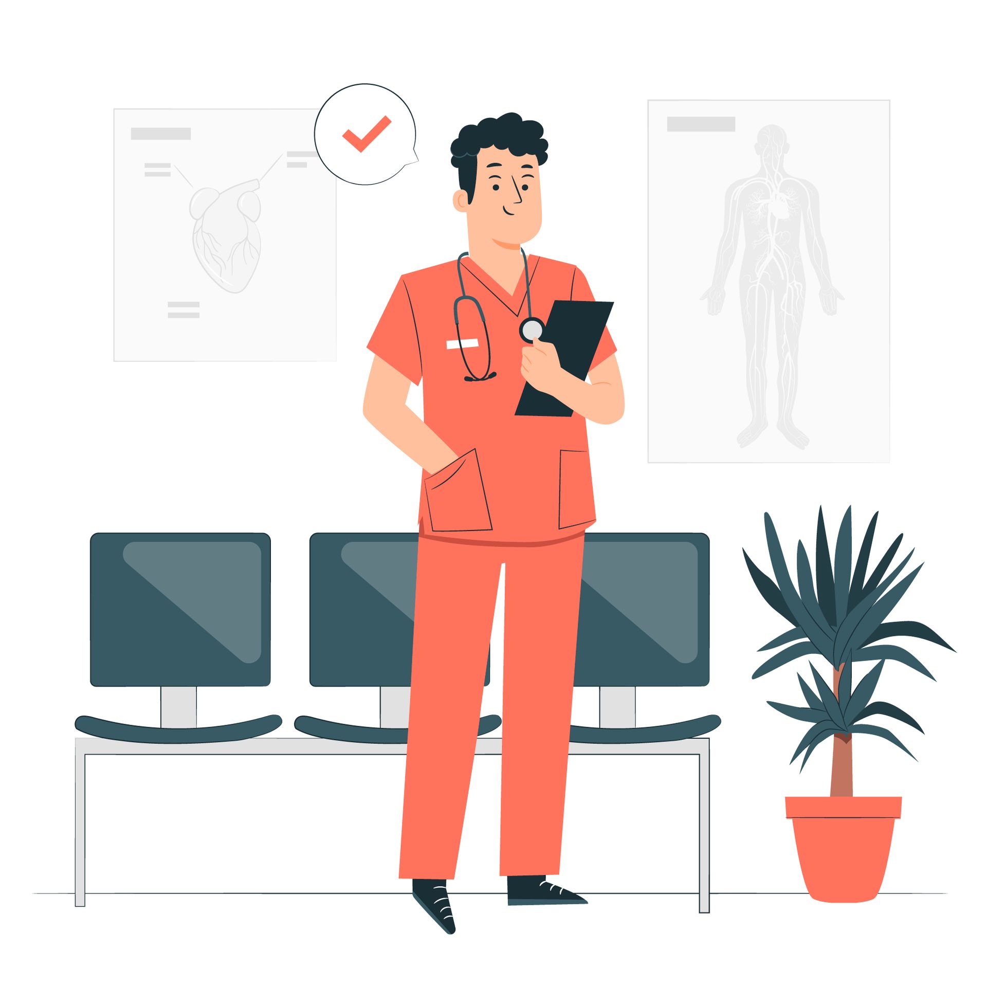 A doctor is standing in a waiting room holding a clipboard.