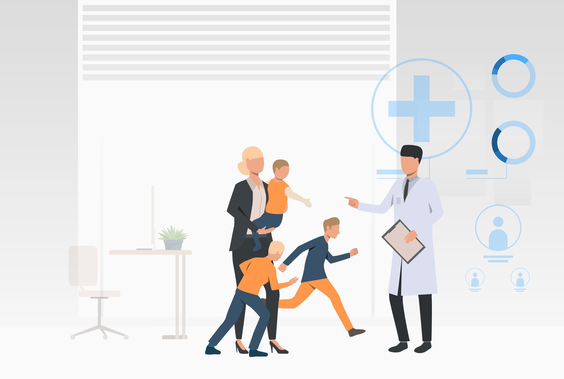 A doctor is talking to a family in a hospital room.