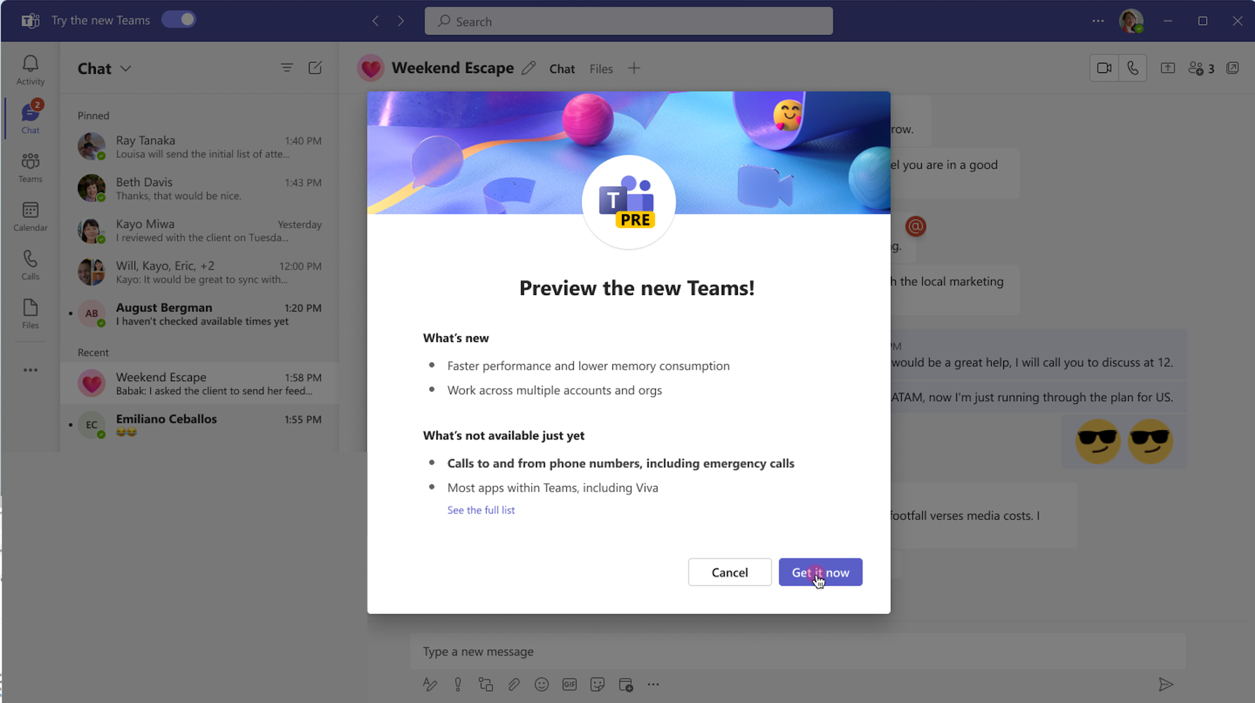 A computer screen shows a popup that says preview the new teams