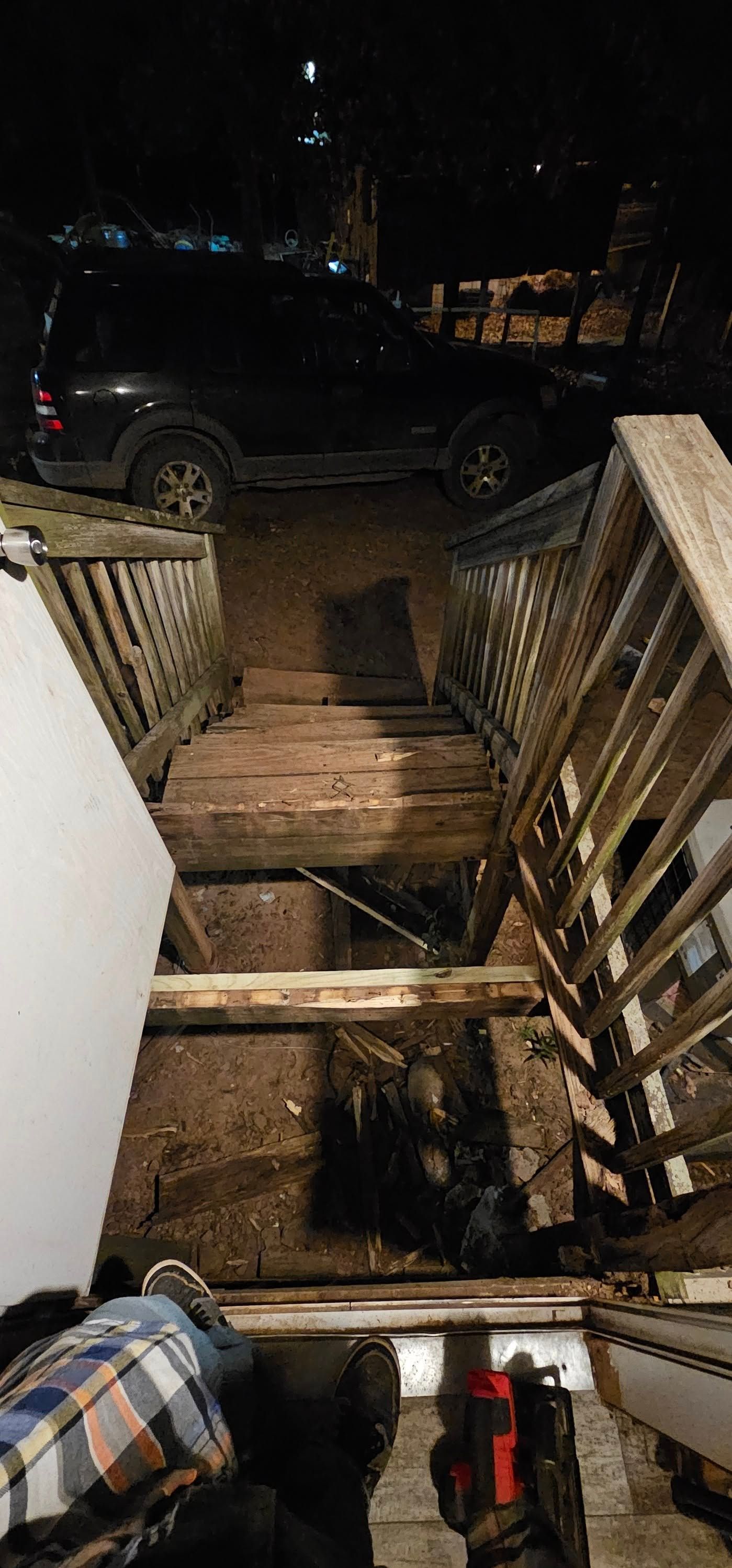 Porch steps at night with a black SUV parked at the curb and a small dog visible at the bottom.
