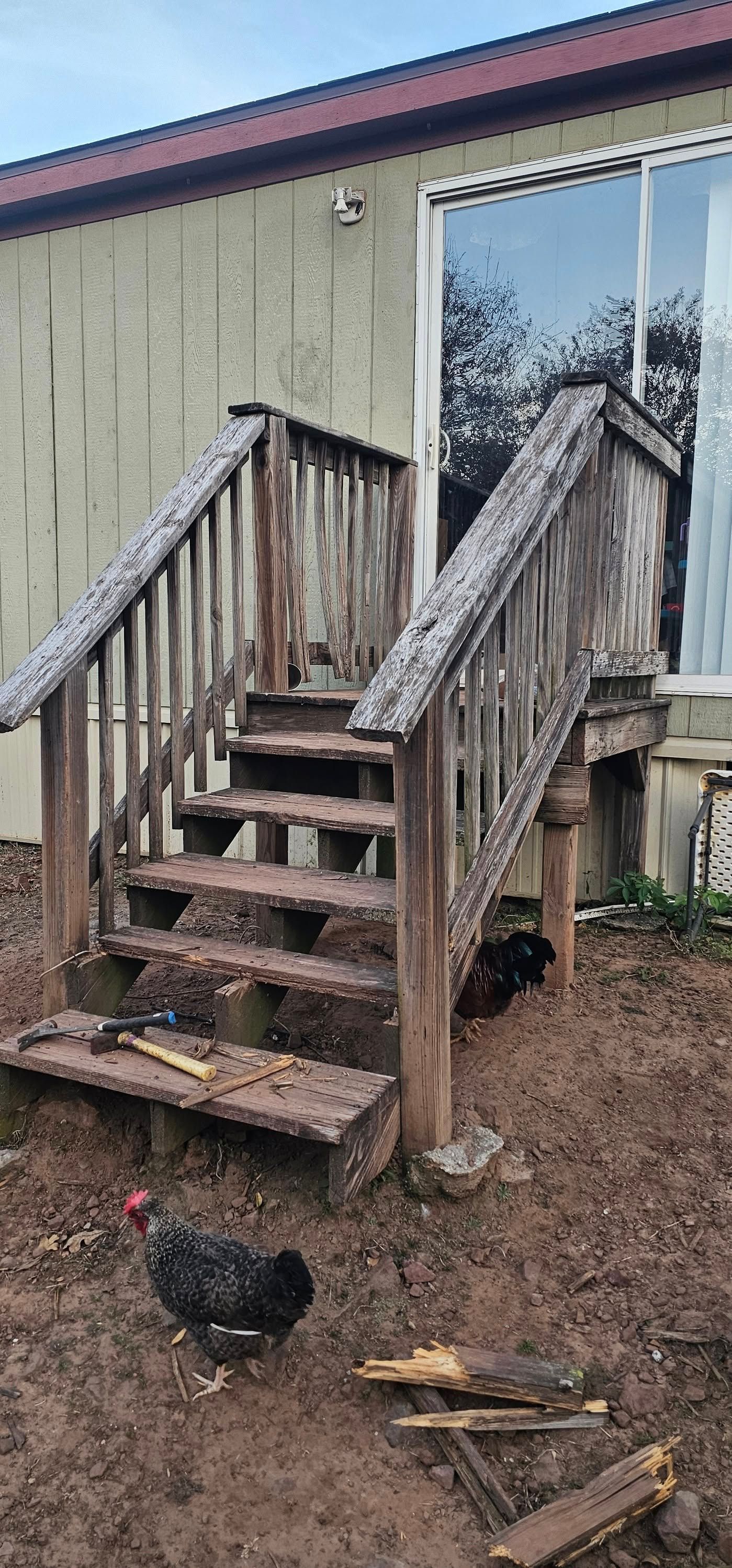 Wooden stairs leading to a house deck beside a window, with chickens in a dirt yard.