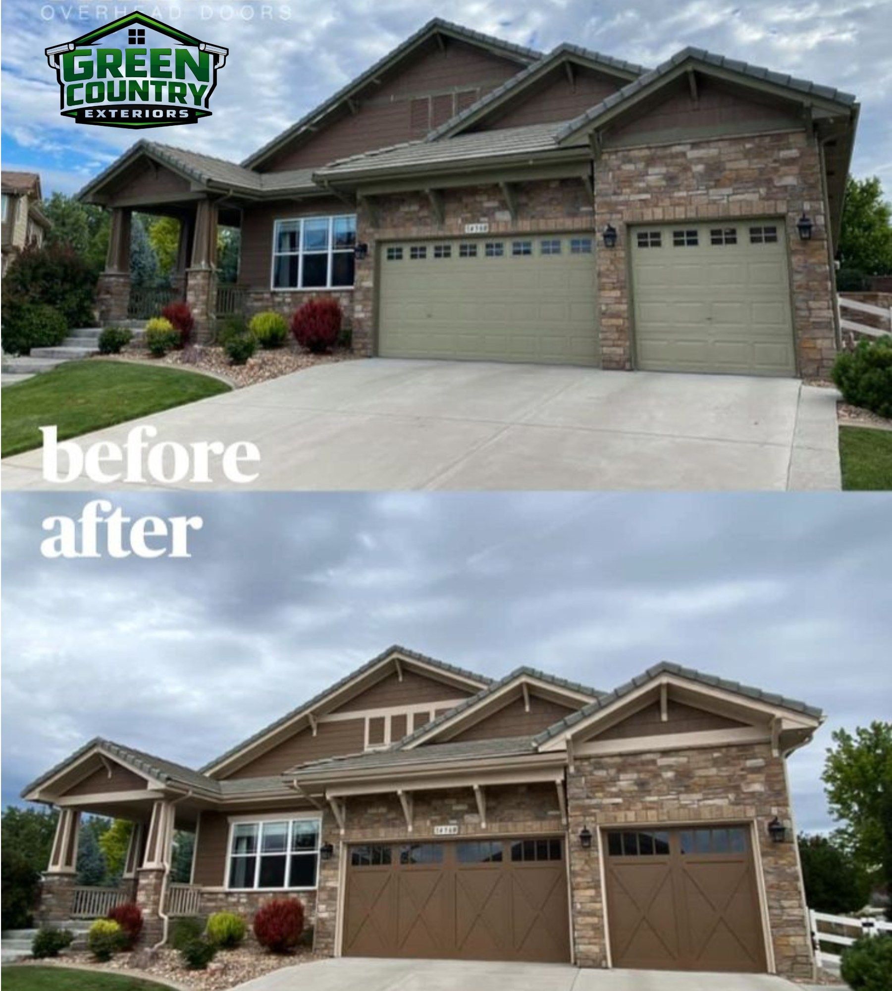 Before-and-after of a brick house exterior with updated garage doors and trim.