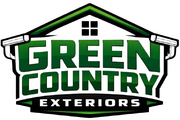 Green Country Exteriors logo with green house roof and bold black-and-white text