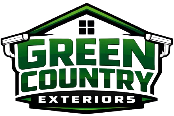 Green Country Exteriors logo with green house roof and bold black-and-white text