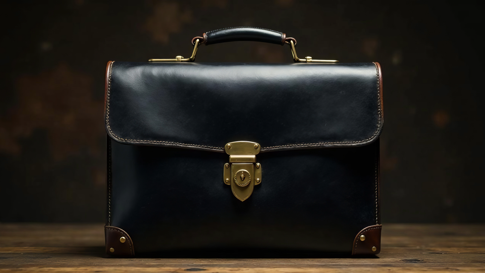 Black leather briefcase with brass hardware on wooden surface.