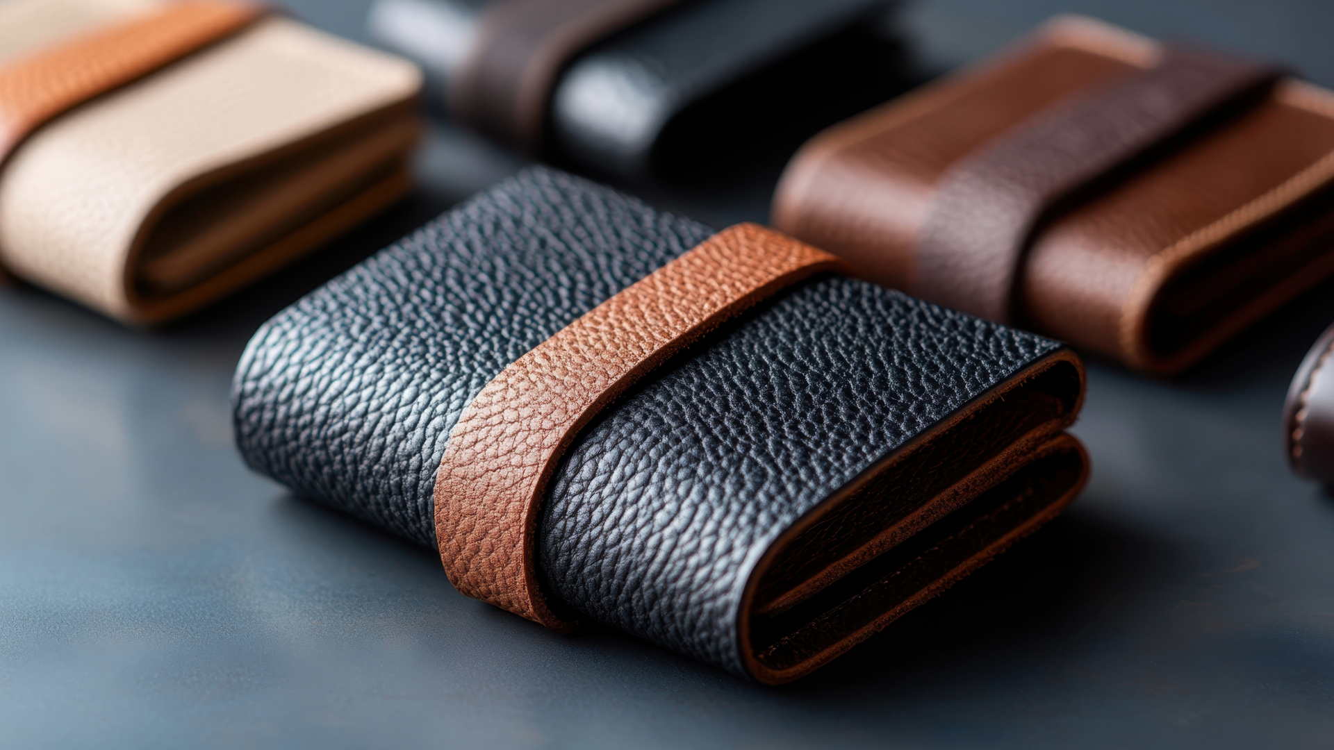 Close-up of several leather wallets in different colors, each secured with a contrasting leather strap.