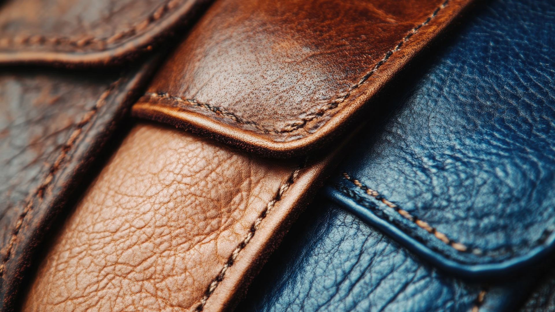 Close-up of three leather pouches in shades of brown and blue with visible stitching.