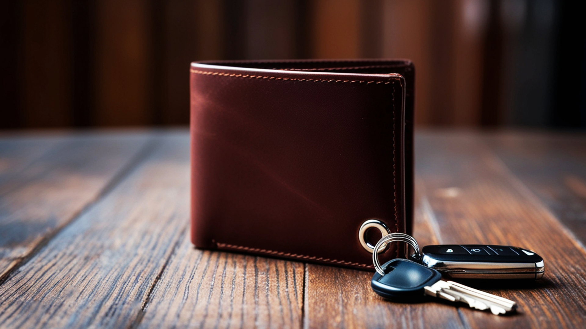 Brown leather wallet and car keys on a wooden table.