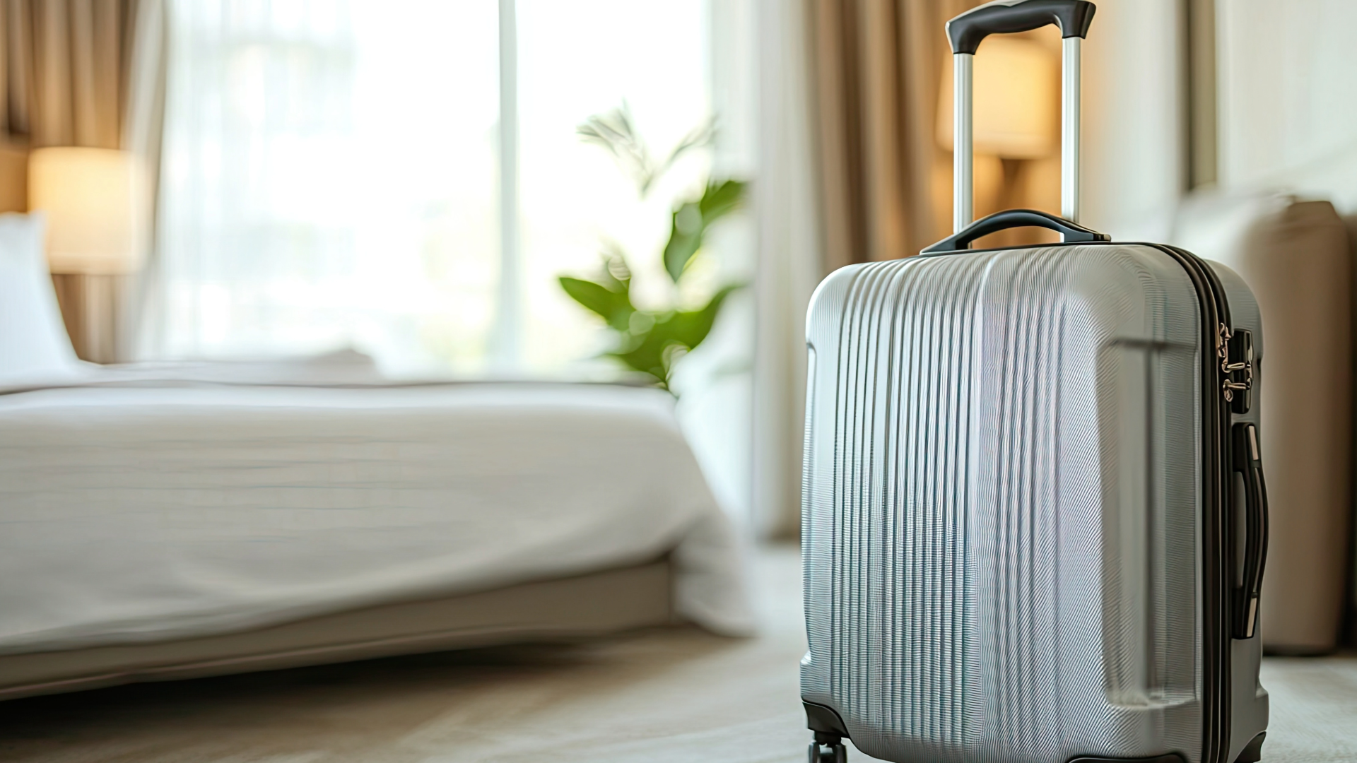 Silver rolling suitcase in a hotel room near a bed, natural light coming through a window.