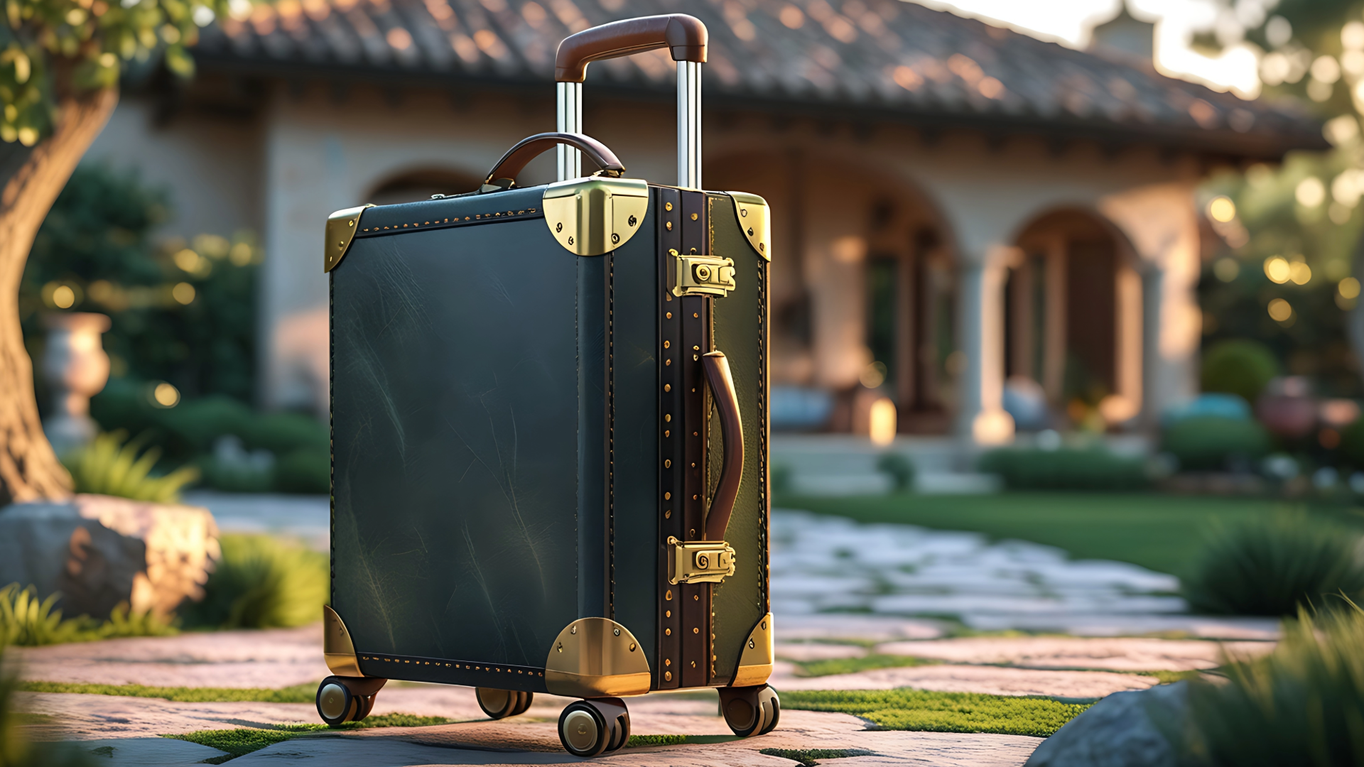 Black suitcase with gold accents, leather handle, on a grassy path with a house in the background.