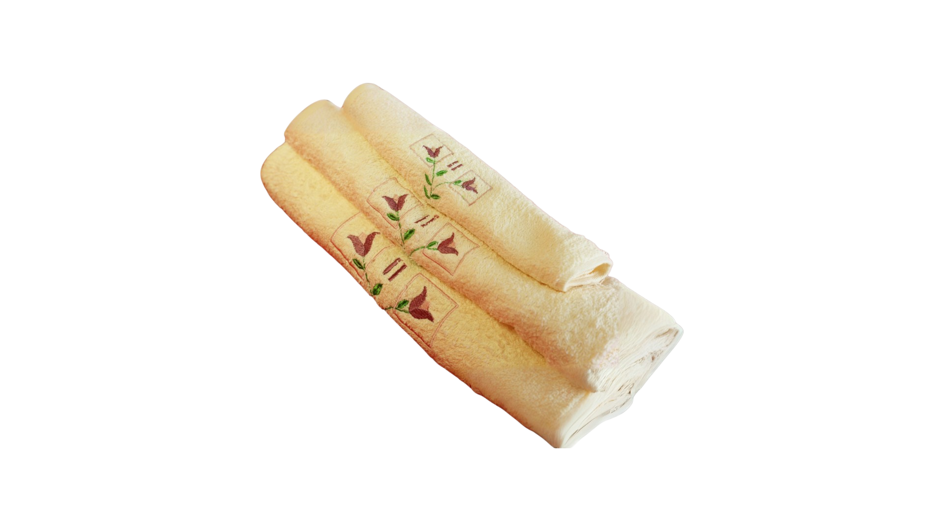 Folded cream-colored towels with embroidered floral pattern.