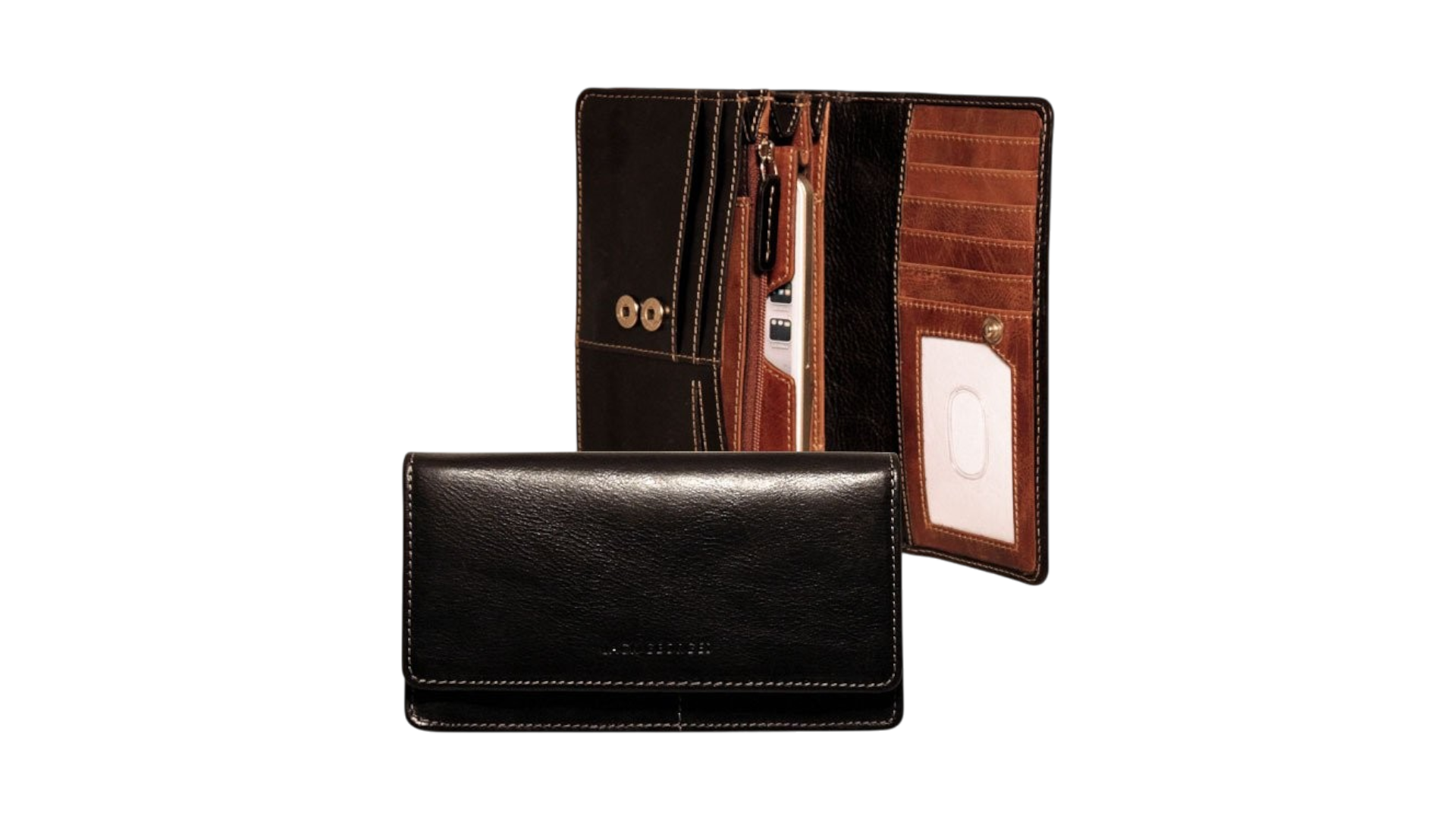 Black leather wallet, open to reveal credit card slots, against a white background.