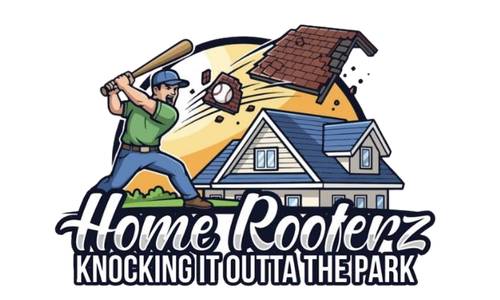 Logo for Home Rooferz: cartoon roofer with hammer, roof and house, text “Knocking it outta the park”