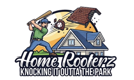 Logo for Home Rooferz: cartoon roofer with hammer, roof and house, text &ldquo;Knocking it outta the park&rdquo;