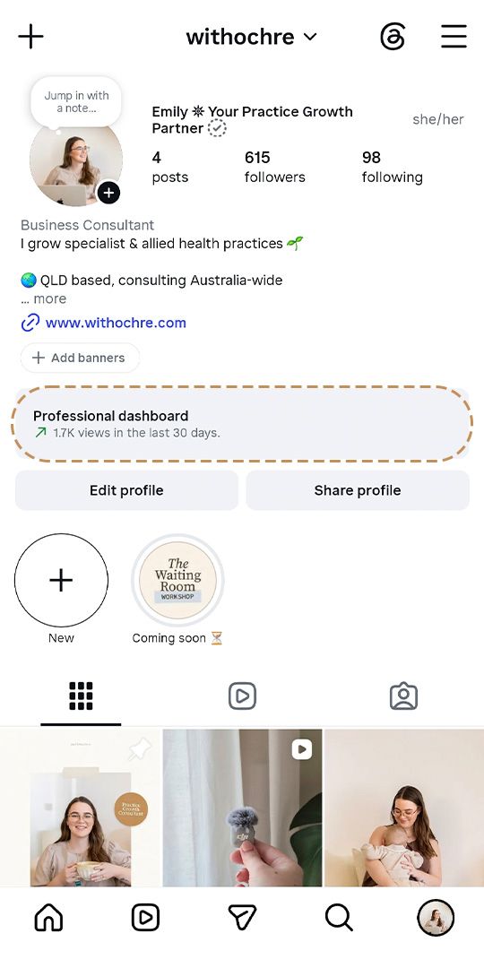 Professional dashboard screenshot, boost Instagram traffic to your allied health practice