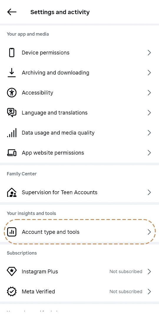 Account type and tools screenshot, boost Instagram traffic to your allied health practice