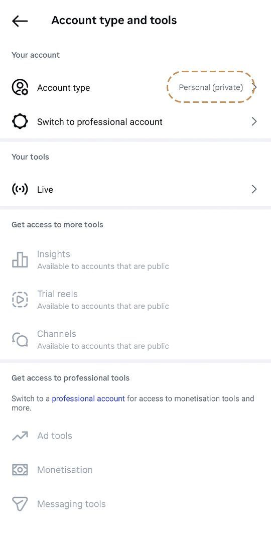 Account type screenshot, boost Instagram traffic to your allied health practice