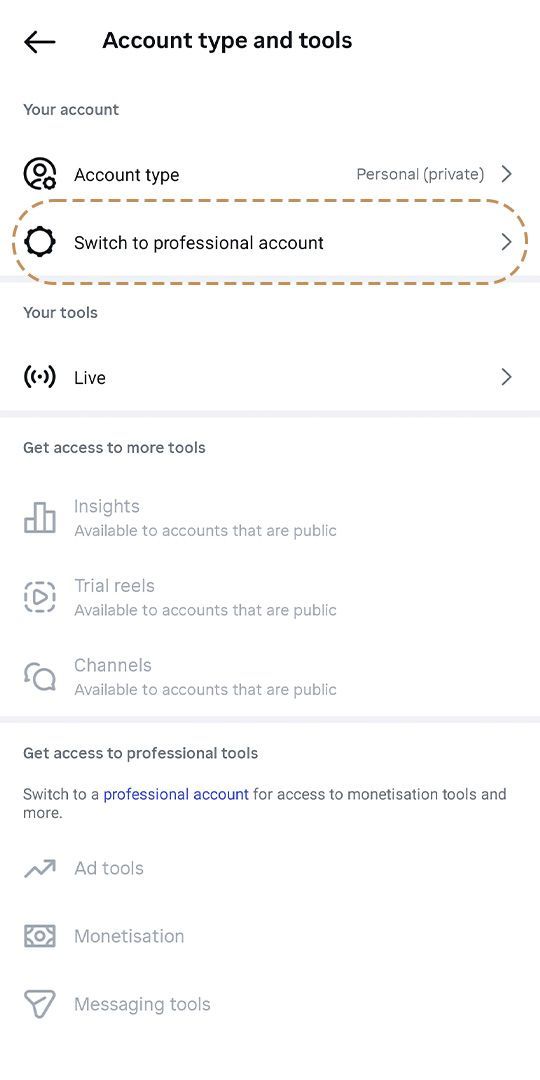 Switch to professional account screenshot, boost Instagram traffic to your allied health practice