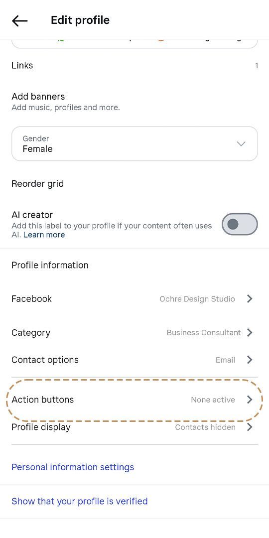 Action buttons screenshot, boost Instagram traffic to your allied health practice