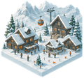 Snowy mountain ski village with chalets, cable car, and people on snowy paths