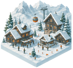 Snowy mountain resort with cabins, skiers, and a cable car under pine trees