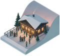 Snowy cabin at dusk with people gathered outside, warm lights glowing from the windows and chimney smoke rising