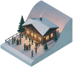 Snowy cabin with warm lights, a smoke chimney, and people gathered outside on a deck at dusk