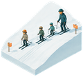 Four skiers descending a snowy slope between orange trail markers