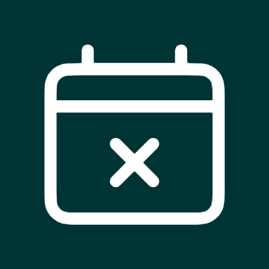 White calendar icon with an X on a dark teal background, indicating a canceled date or event
