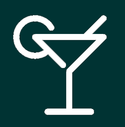 White cocktail glass icon with a garnish on a dark green background