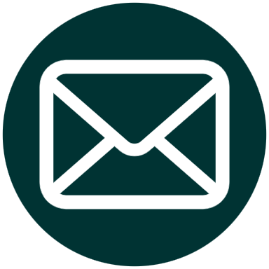 White envelope icon on a dark green circular background.