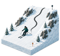 Skier descending a snowy mountain trail with rocks, pine trees, and trail markers