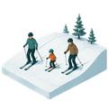 Three skiers on a snowy slope with evergreen trees in the background