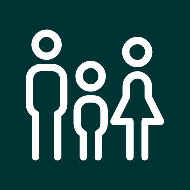 Three white stick figures—two adults and a child—on a dark teal background
