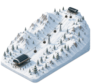 Snowy mountain cable car system with gondolas and cabins on a winter slope