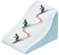 Three skiers descending a winding red trail on a snowy slope